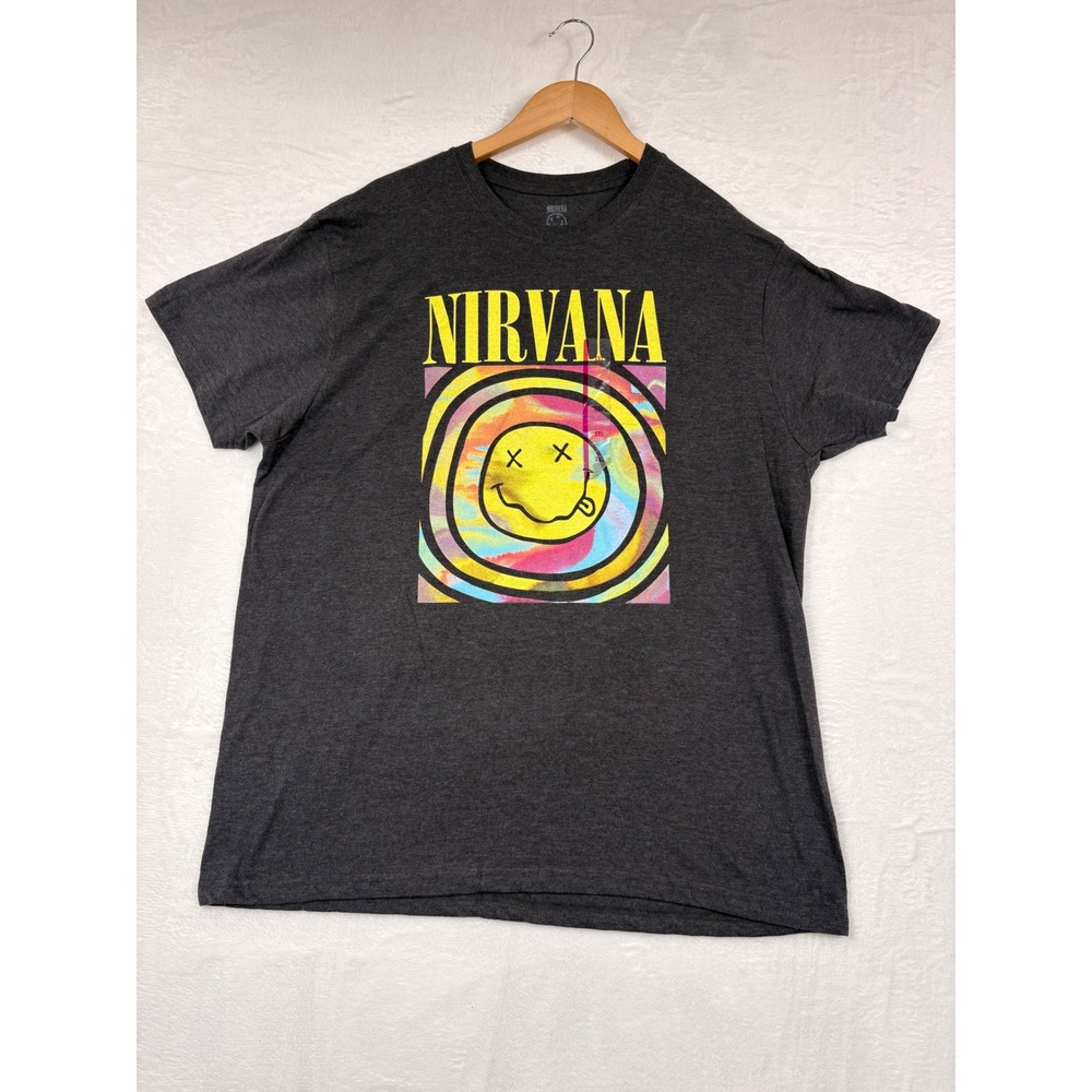 NWT Nirvana Smiley Face Graphic T-Shirt Charcoal Grey Mens 2XL Tie Dye Swirl